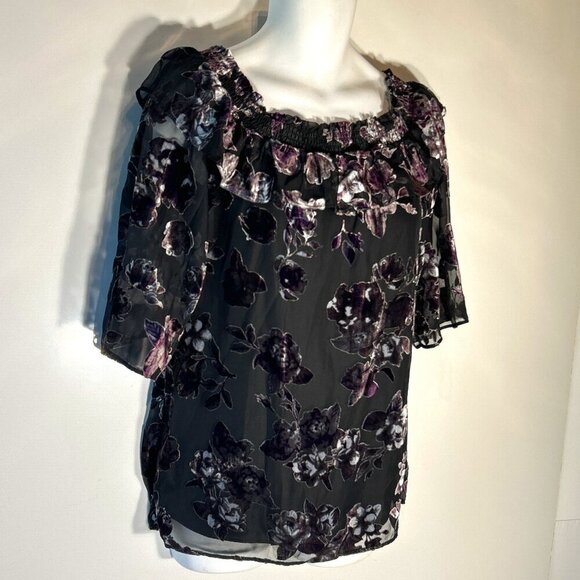 DR2 SZ S Purple & Black Burnout Velvet Top Whimsigoth Boho Dark Romance 80's - Picture 2 of 13